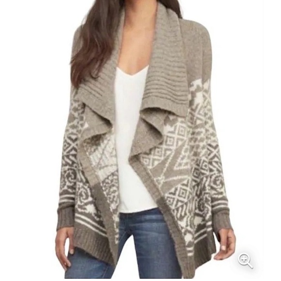 Abercrombie & Fitch Taupe Fair Isle Ikat Shawl Open Front Wool Blend Cardigan SM - Picture 1 of 12